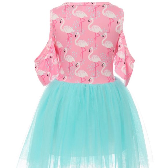 Little Girl Dress Kids Flamingo Cold Shoulder Tutu Tulle Girl Dress Toddler - Picture 2 of 4